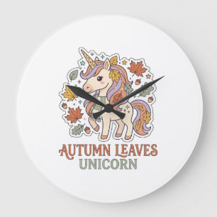 Einhorn Herbstblätter Einhorn Grafikdesign Merch Große Wanduhr