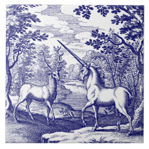 Einhorn & Hirsch Blau & Weiß Fliese