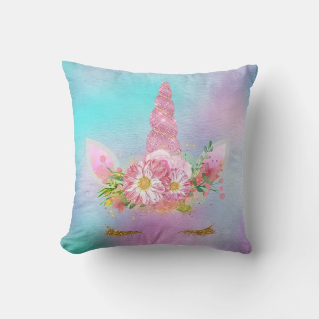 Einhorn Horn Lashes Blume Rosa Aqua Kissen (Vorderseite)