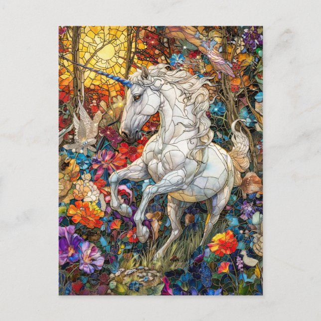 Einhorn im Blumengarten Postkarte (Vorderseite)