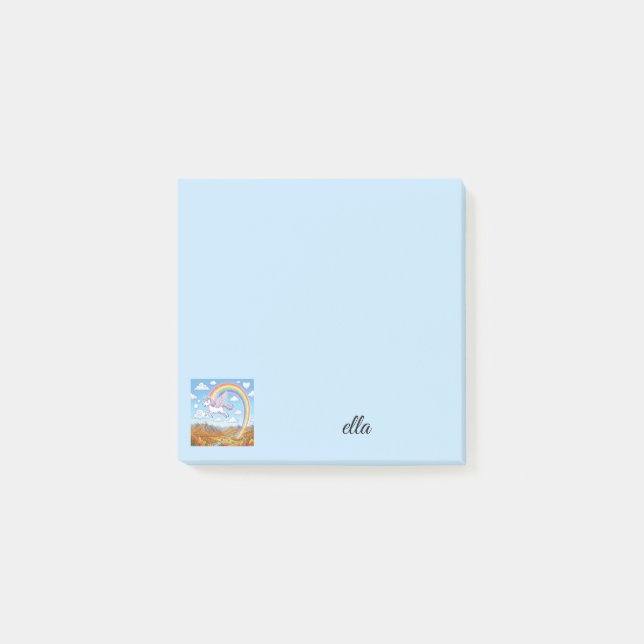 Einhorn im Flug mit Regenbogen | Personalisieren Post-it Klebezettel (Vorderseite)