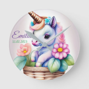 Einhorn im Korb - Wasserfarbe Kindermotiv Runde Wanduhr