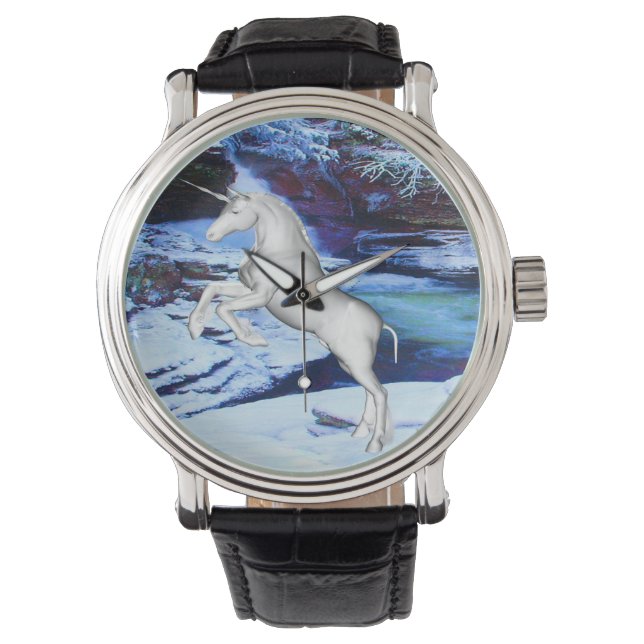 Einhorn im Schnee Armbanduhr (Vorderseite)
