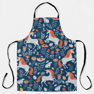 Einhorn, Kaninchen, Vögel, Blume auf blauem Unterg Schürze