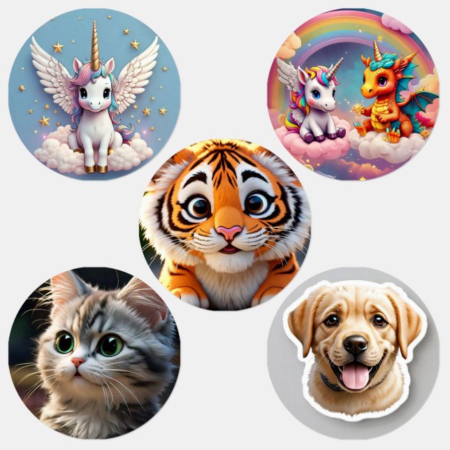 Einhorn, Katze, Hund, kleines kreissicheres Etiket Etiketten (Gruppe)