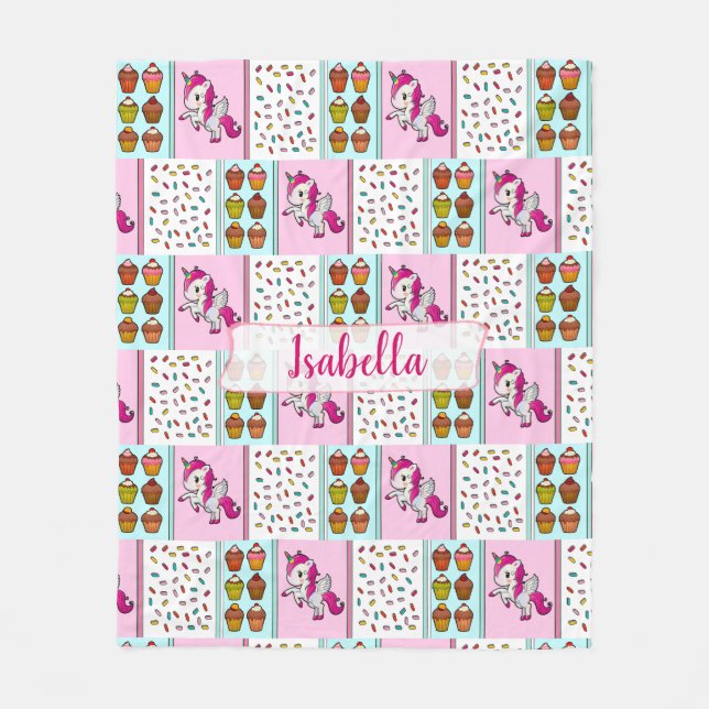 Einhorn, Kuchen und Sprinklen Niedlich personalisi Fleecedecke (Vorderseite)