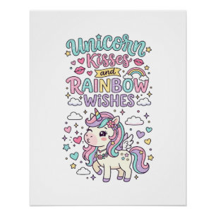 Einhorn Küsse und Regenbogen Wünsche Süße Pastell  Poster