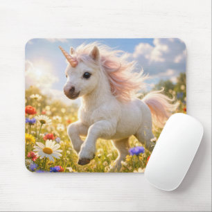 Einhorn läuft auf einem Feld mit Wildblumen Mousepad