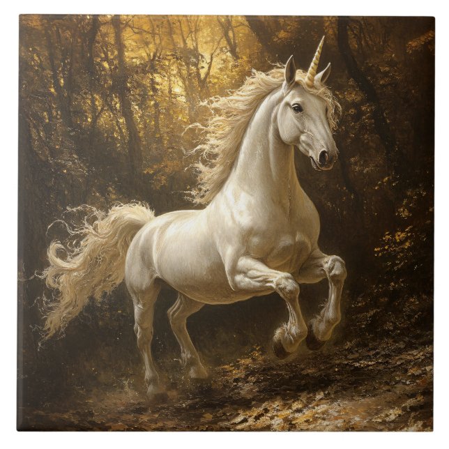 Einhorn läuft durch das Waldgemälde Fliese (Vorderseite)