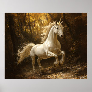 Einhorn läuft durch Waldmalerei Poster