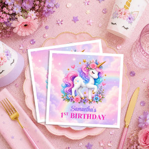 Einhorn-Mädchen-Geburtstagsservietten in Rosa und  Serviette