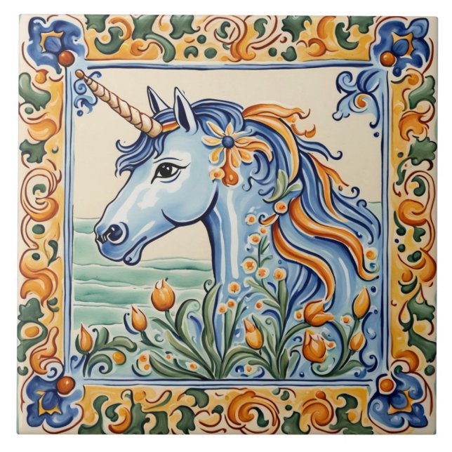 Einhorn, mediterran Gelb und Blauer Folk Fliese (Vorderseite)