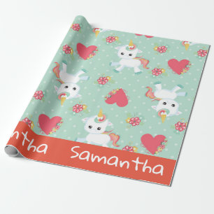 Einhorn Mint Green Red Hearful personalize Geschenkpapier