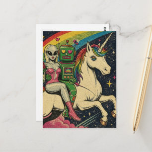 Einhorn mit Außerirdischem und einem Robot in Lieb Postkarte