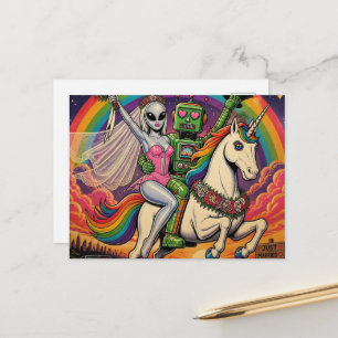 Einhorn mit außerirdischer Braut und einem Roboter Postkarte