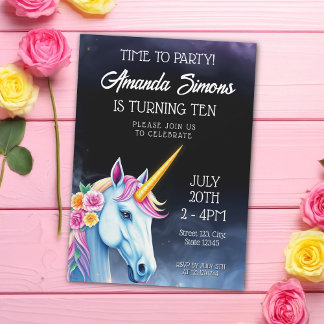 Einhorn mit Blumenrose unter dem Nachthimmel zum 1 Einladung