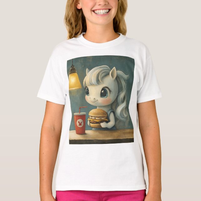 Einhorn mit Burger und Getränk T-Shirt (Vorderseite)