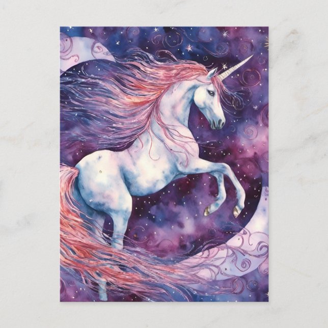 Einhorn mit dem Mond, rosa weiß lila Postkarte (Vorderseite)