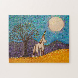 Einhorn mit Eichenbaum und Blick auf den Mond Puzzle