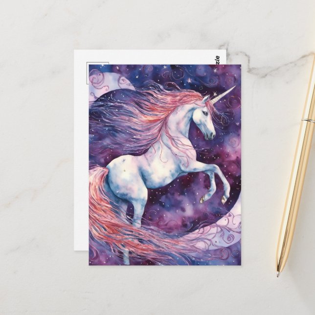 Einhorn mit einer rosa Mähne Fantasy Postkarte (Vorderseite/Rückseite Beispiel)