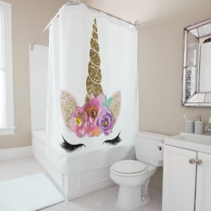 Einhorn mit floralem Gold-Glitter-Glam-Mädchen-Gla Duschvorhang