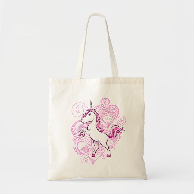 Einhorn mit Herz-Hennastrauch-Hintergrund-Tasche Tragetasche (Vorne)