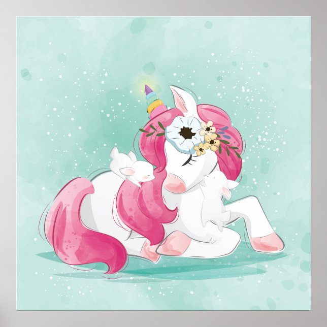 Einhorn mit Kinderheulenplakat Poster (Vorne)