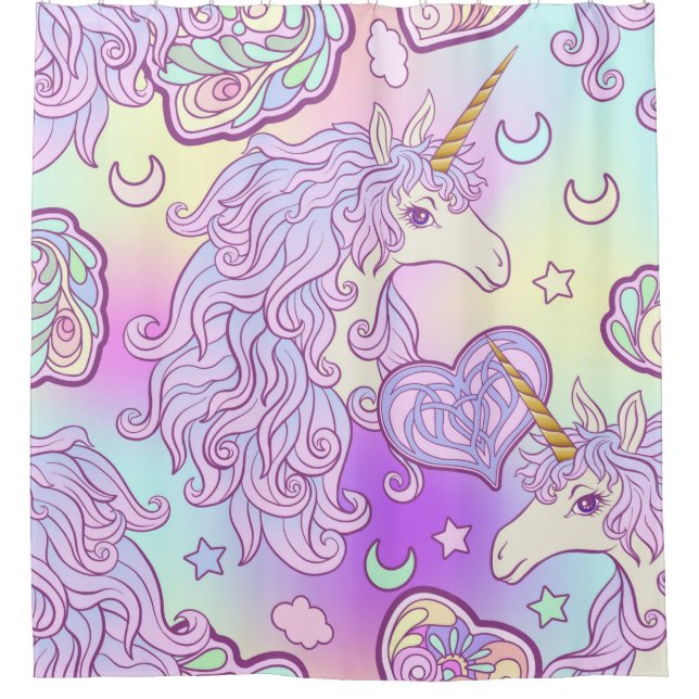 Einhorn mit mehrfarbiger Mähne, Schmetterlingsrege Duschvorhang (Vorderseite)