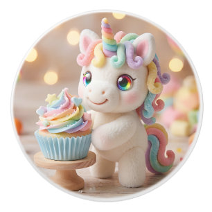 Einhorn mit Regenbogen-Cupcake in Pastellfarben un Keramikknauf