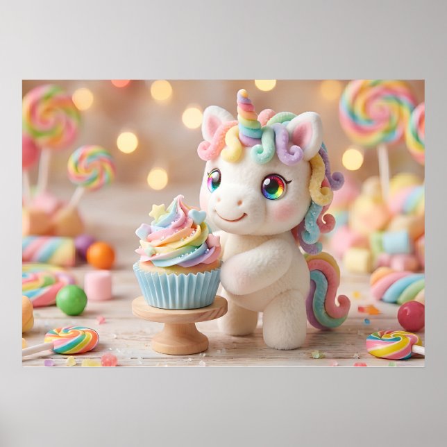 Einhorn mit Regenbogen-Cupcake in Pastellfarben un Poster (Vorne)