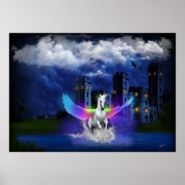 Einhorn mit Regenbogen-Flügeln Poster (Vorne)