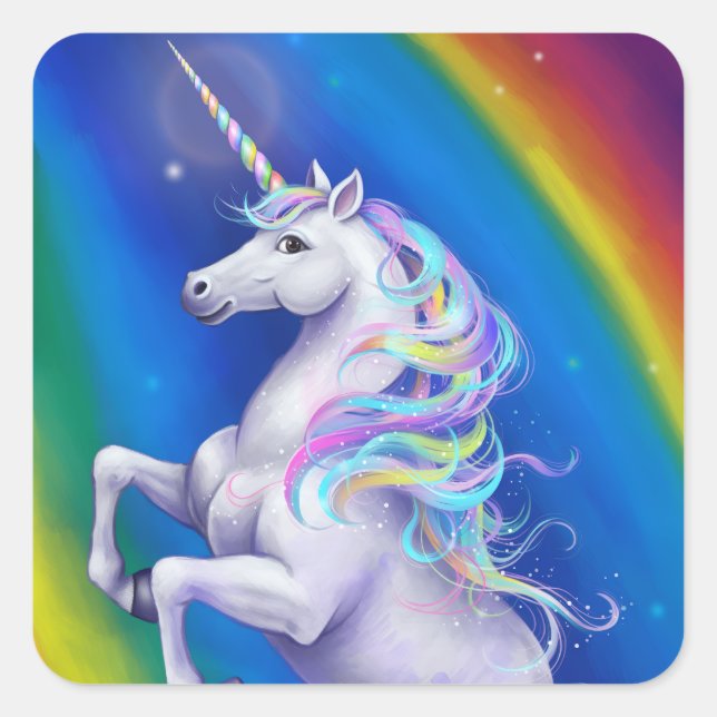 Einhorn mit Regenbogen Quadratischer Aufkleber (Vorderseite)