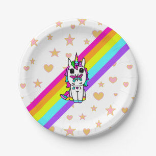 Einhorn mit Regenbogenfarben und Schmetterling auf Pappteller