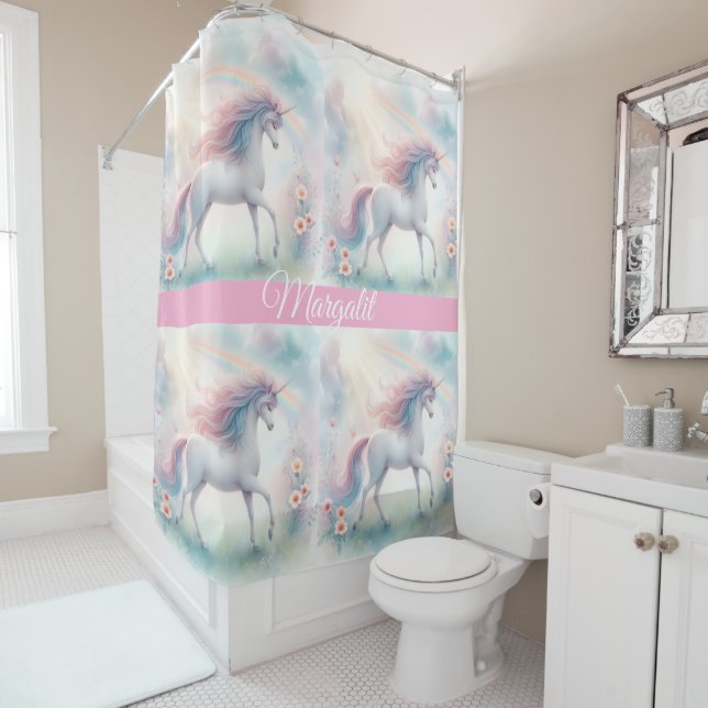 Einhorn mit Regenbogenname Duschvorhang (Beispiel)