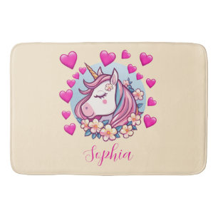 Einhorn mit rosa Herzen und Blume, Name, Creme Badematte