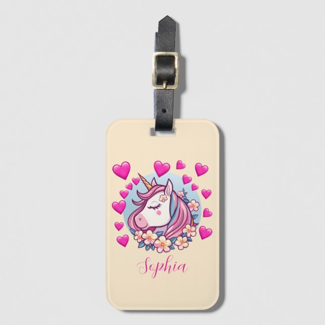 Einhorn mit rosa Herzen und Blume, Name, Creme Gepäckanhänger (Vorderseite Vertikal)