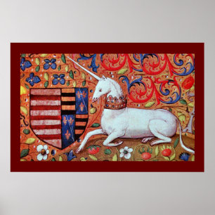 EINHORN MIT ROTEN BLAUEN BLUMENMOTIVEN POSTER