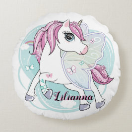 Einhorn mit Schmetterlingswein Rundes Kissen