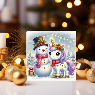 Einhorn mit Schneemann und Winterlichtern Feiertagskarte