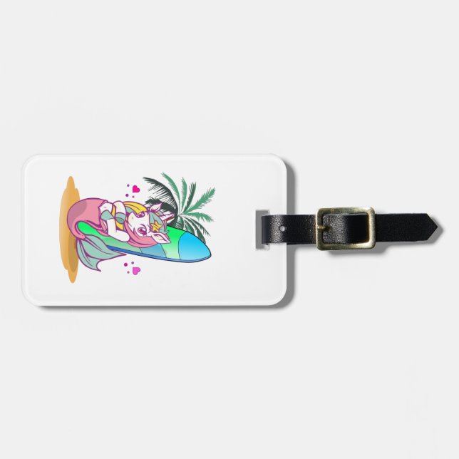 Einhorn mit Surfbrett am Strand Gepäckanhänger (Vorderseite horizontal)