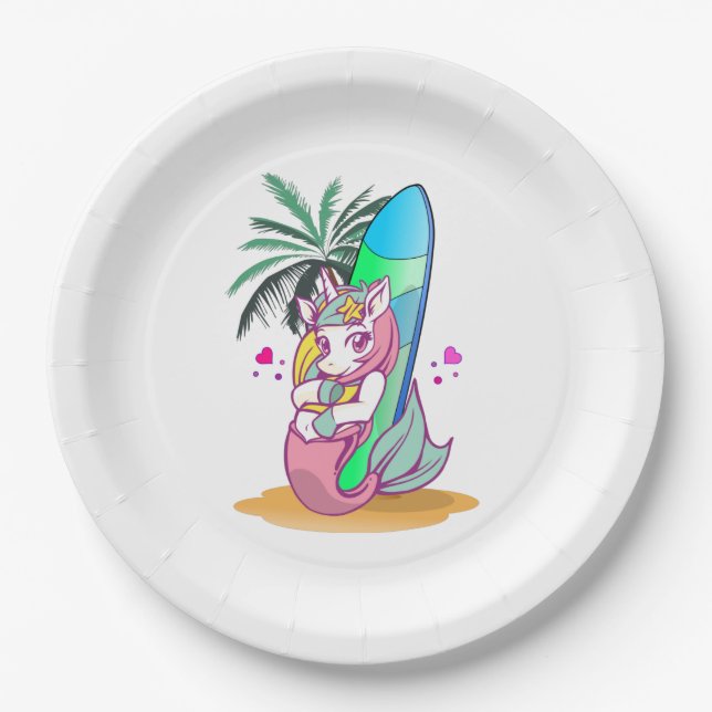 Einhorn mit Surfbrett am Strand Pappteller (Vorderseite)