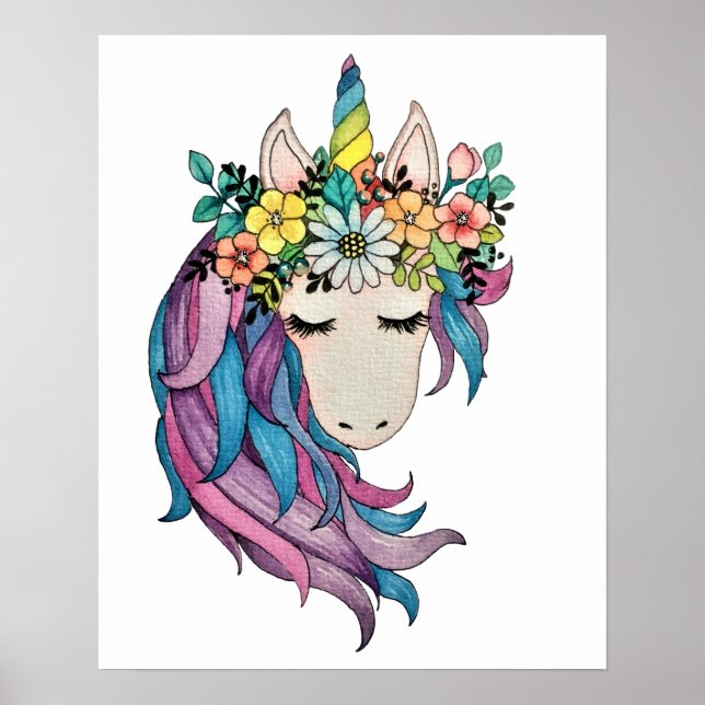 Einhorn mit wilden Blume in Wasserfarbe Poster (Vorne)