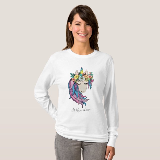 Einhorn mit wilden Blume in Wasserfarbe T-Shirt (Vorne ganz)