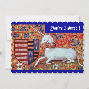 EINHORN MITTELALTER FANTASY BLUMEN, ROT BLAUE BLÜT EINLADUNG