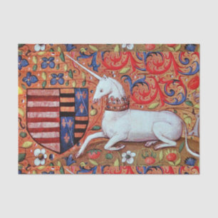 EINHORN, MITTELALTERLICHE FANTASIEBLUMEN, BLUMENRA SEIDENPAPIER