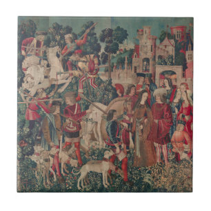 Einhorn mittelalterliche Kunst - Jäger kehren zum Fliese