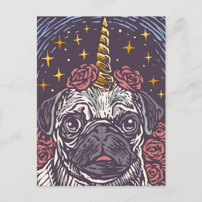 Einhorn-Mops-Geburtstagskarte Postkarte (Vorderseite)