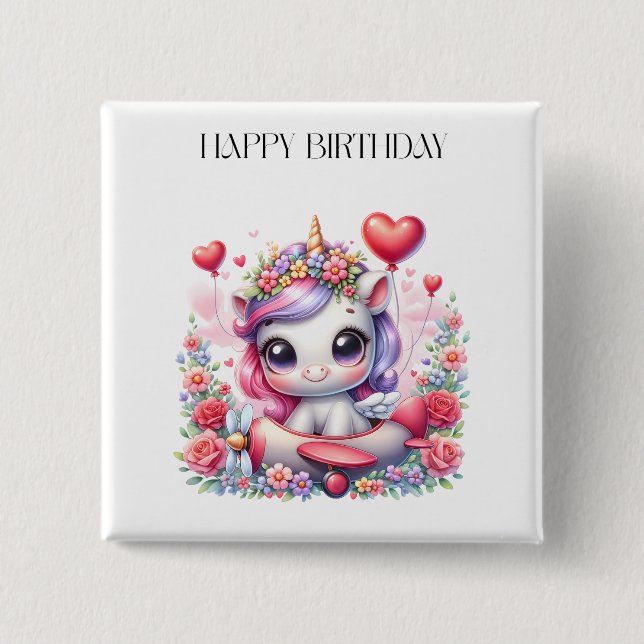 Einhorn-Pilot-Geburtstag Button (Vorderseite)