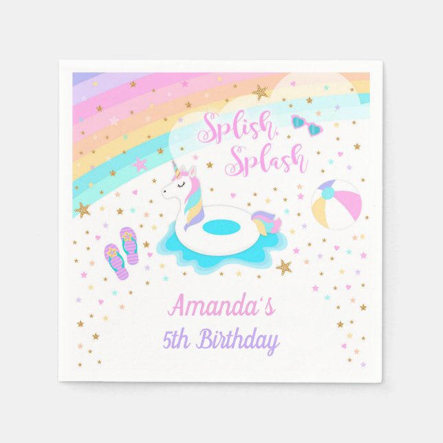 Einhorn Pool Party Paper Napkin Pink & Gold Serviette (Vorderseite)