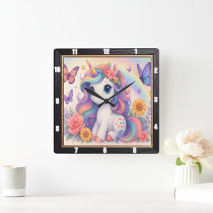 Einhorn Regenbogen-Blumenkind Quadratische Wanduhr